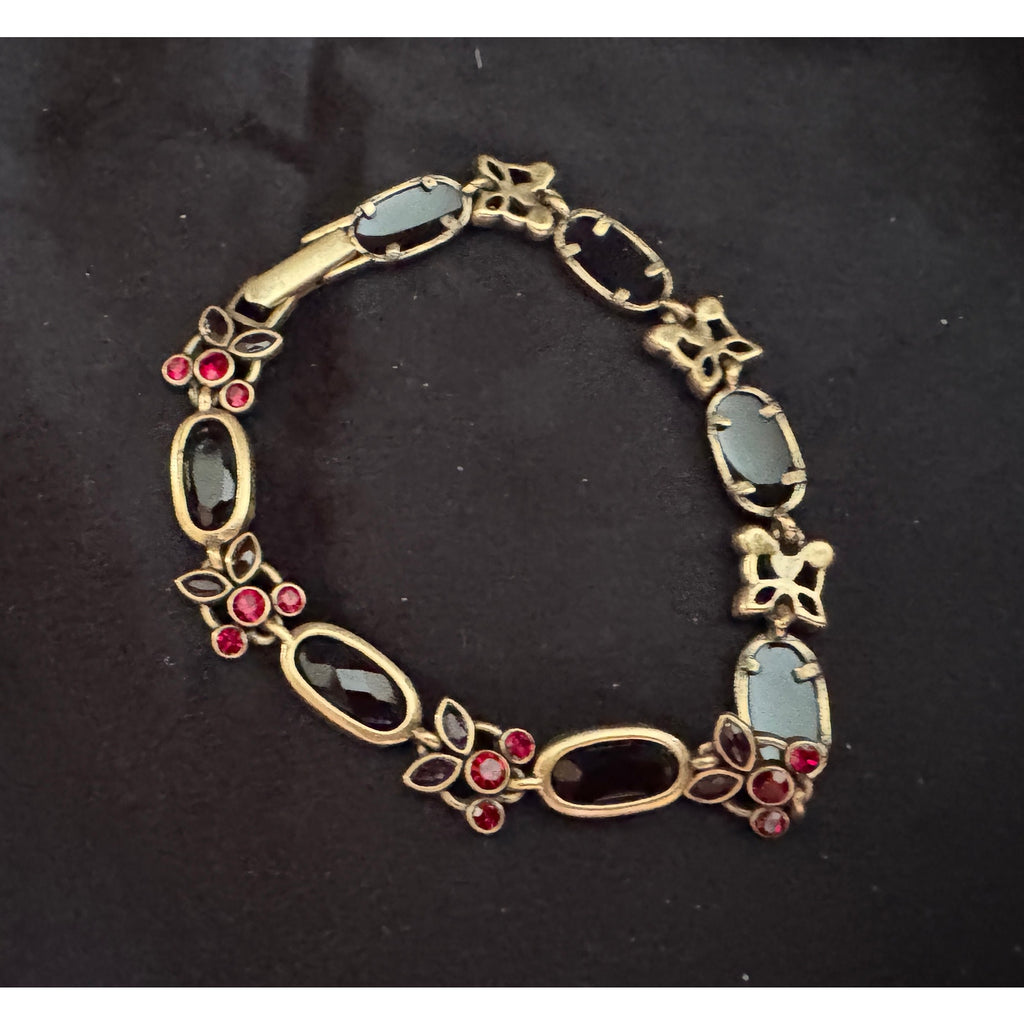 Vintage Gold Tone Bracelet Red Rhinestone  7.5” Clasp B063