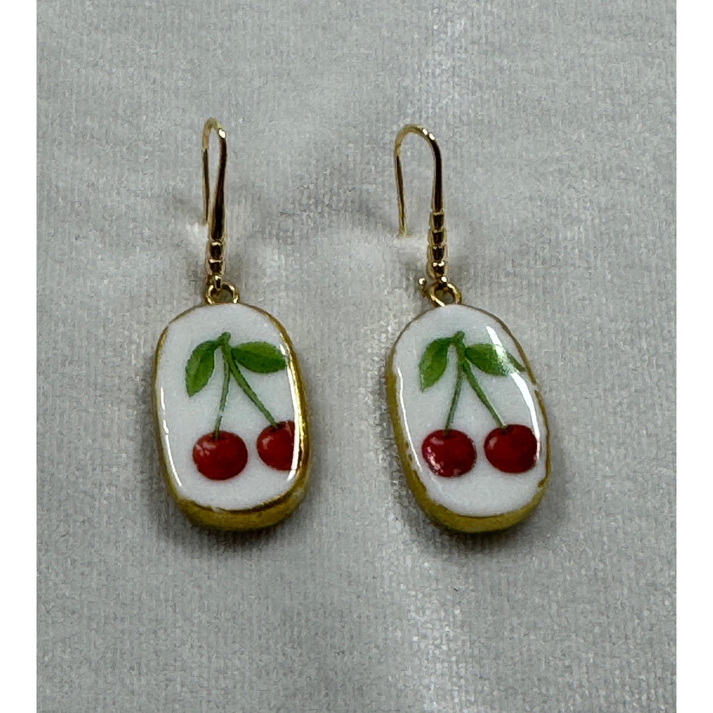 Cherry Ceramic Dangle Earrings Gold Tone Fruit Earrings Cute Cottagecore E278