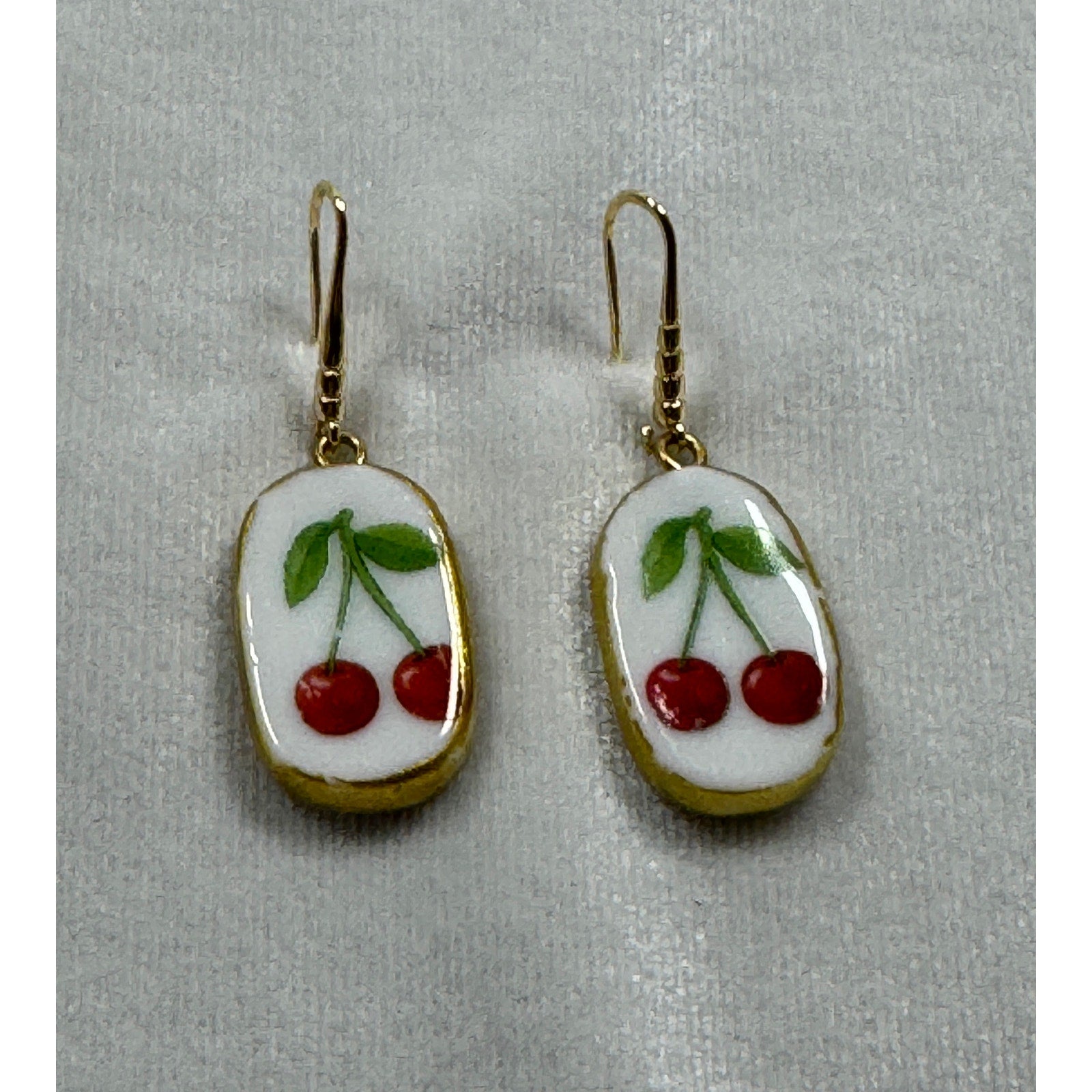 Cherry Ceramic Dangle Earrings Gold Tone Fruit Earrings Cute Cottagecore E278