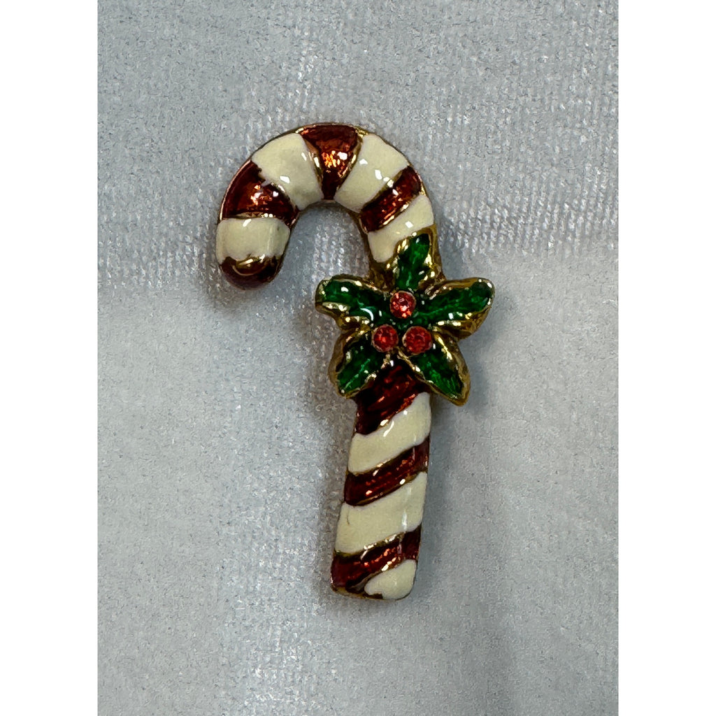 Vintage Candy Cane Christmas Pin Enamel Holly Rhinestone Brooch Holiday 2" CP178