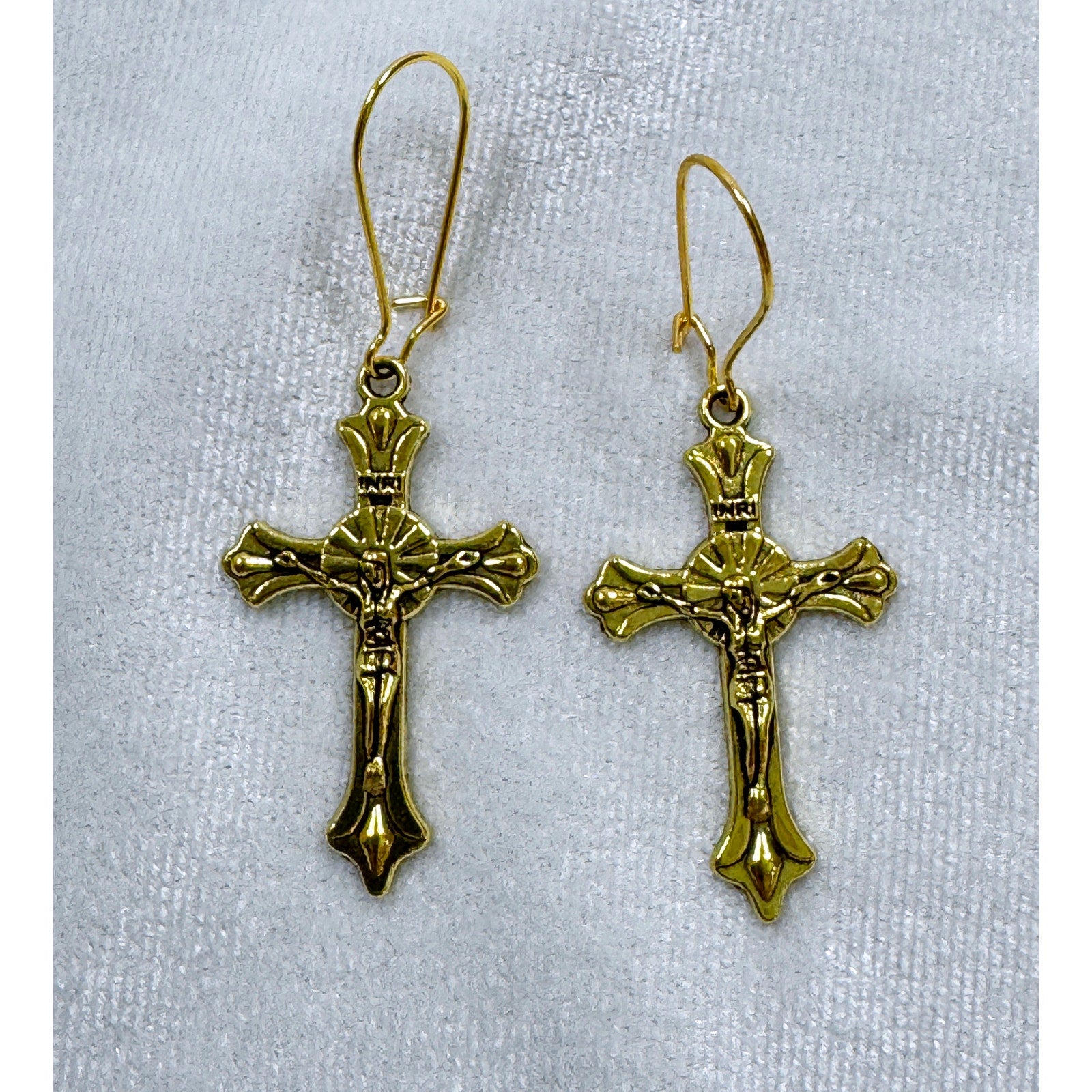 Fashion Gold Crucifix Cross Dangle Earrings Christian  1.75 Inches Long E271
