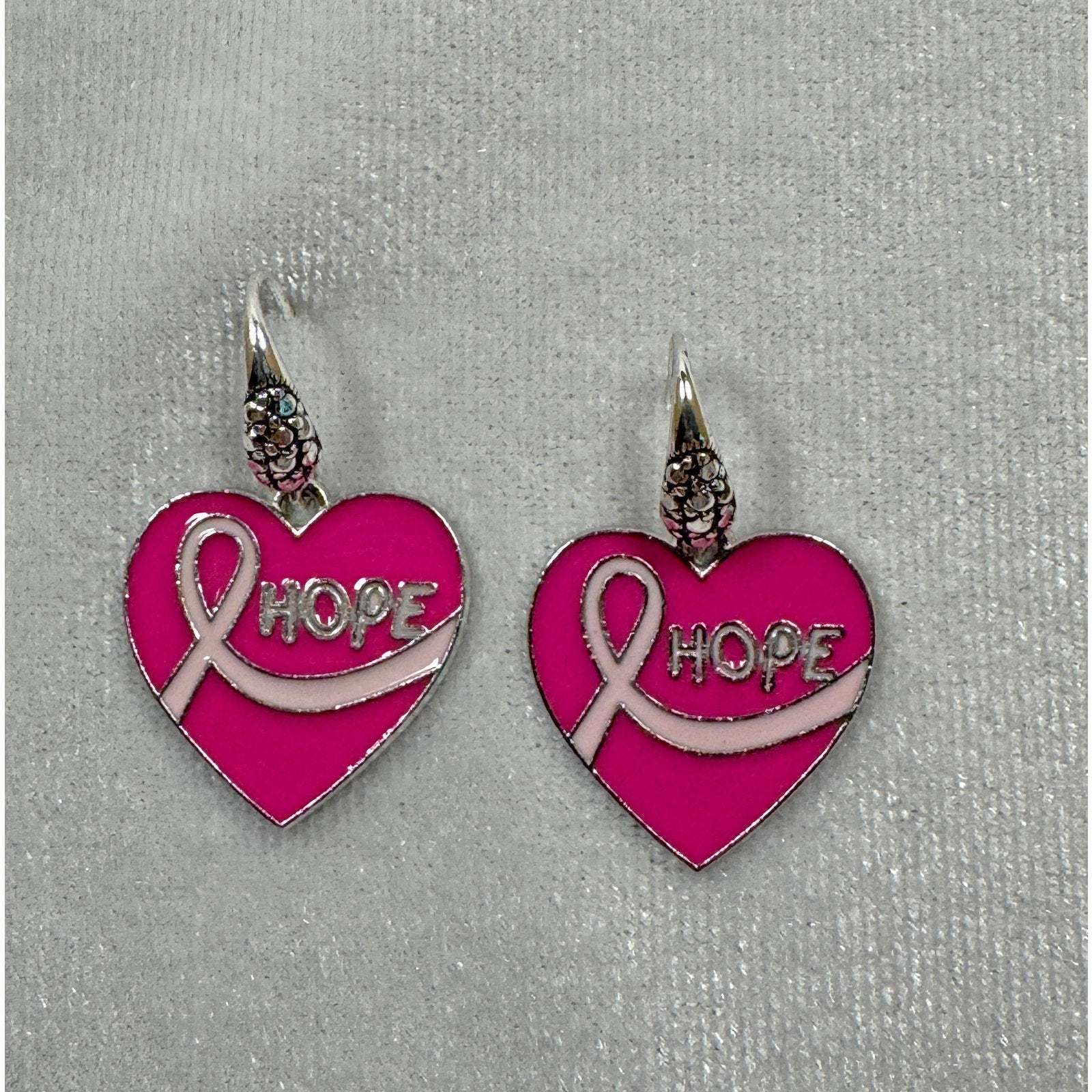 Breast Cancer Awareness Earrings Pink Ribbon Silver Tone  E235