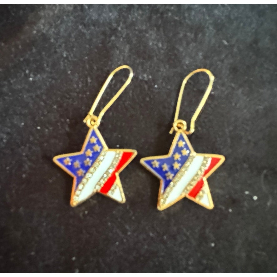 Americana Earrings Patriotic Red White Blue USA Flag Dangle Rhinestones E247