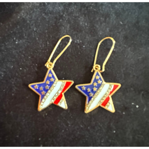 Americana Earrings Patriotic Red White Blue USA Flag Dangle Rhinestones E247