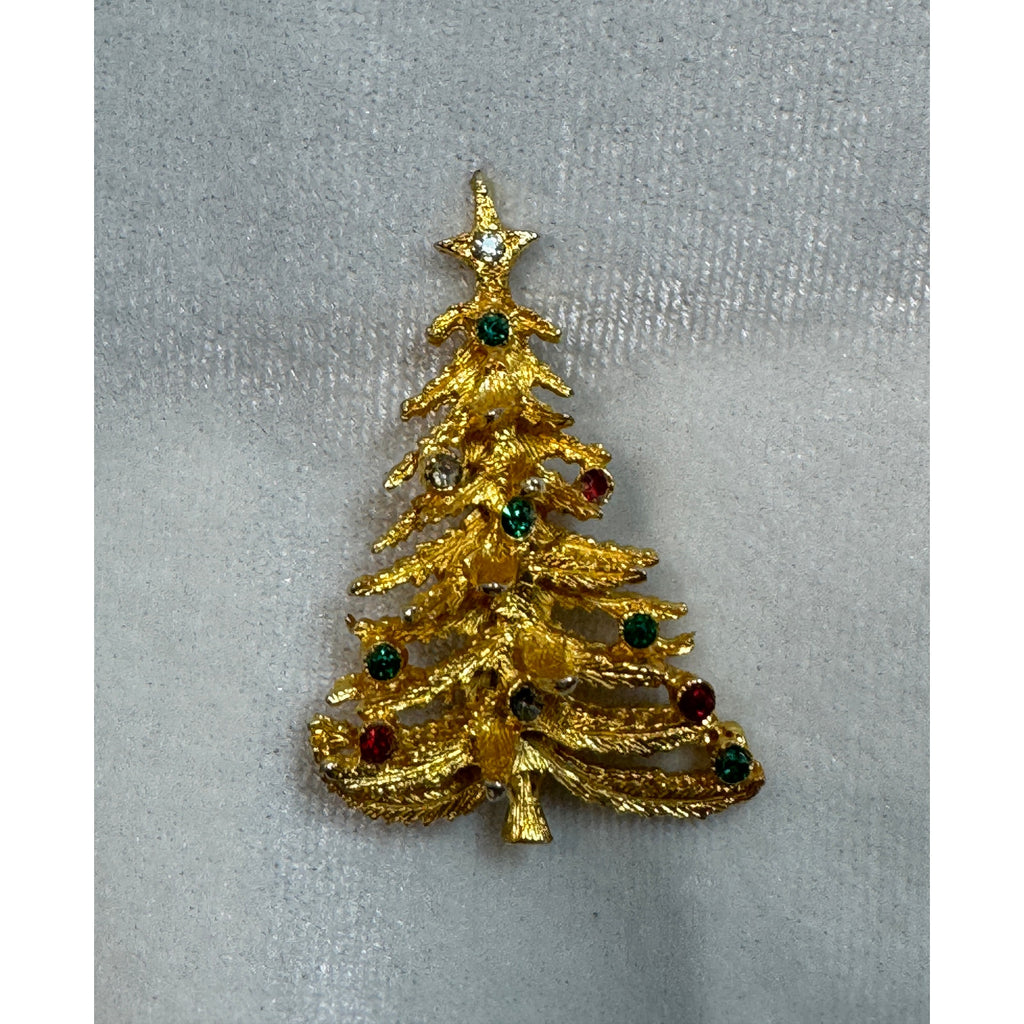 Vintage Gold Tone Christmas Tree Brooch Pin Rhinestones Holiday Jewelry 1.75"