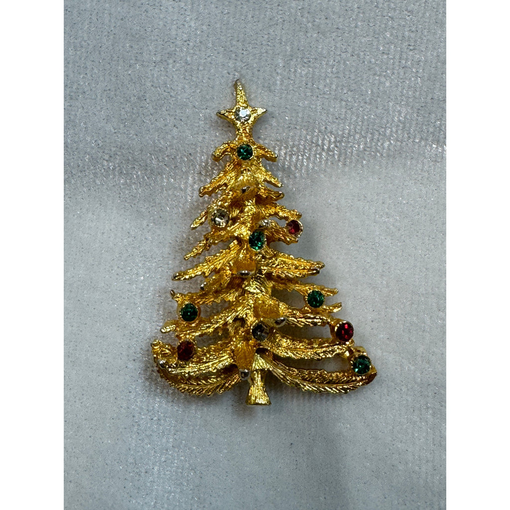 Vintage Gold Tone Christmas Tree Brooch Pin Rhinestones Holiday Jewelry 1.75"