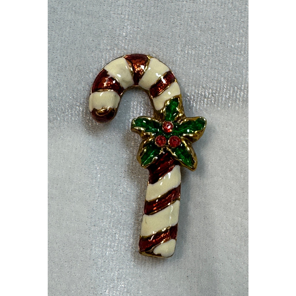 Vintage Candy Cane Christmas Pin Enamel Holly Rhinestone Brooch Holiday 2" CP178