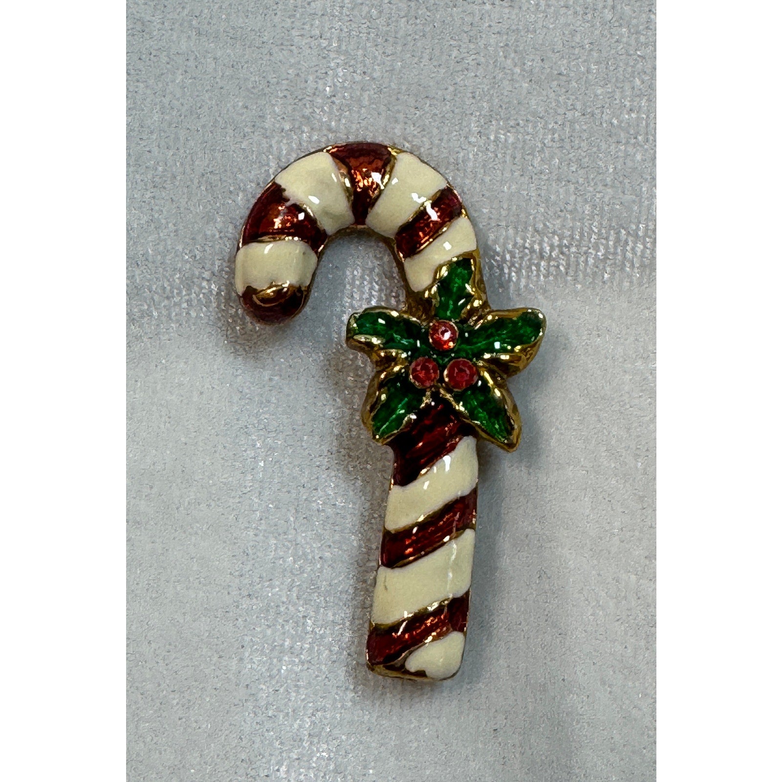Vintage Candy Cane Christmas Pin Enamel Holly Rhinestone Brooch Holiday 2" CP178
