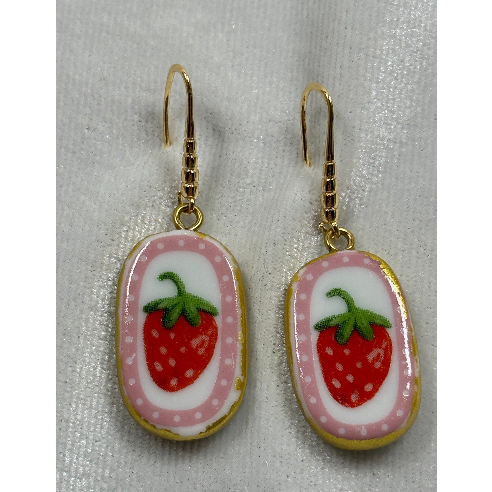 Strawberry Ceramic Dangle Earrings Gold Tone Fruit Earrings Cute Cottagecore E279
