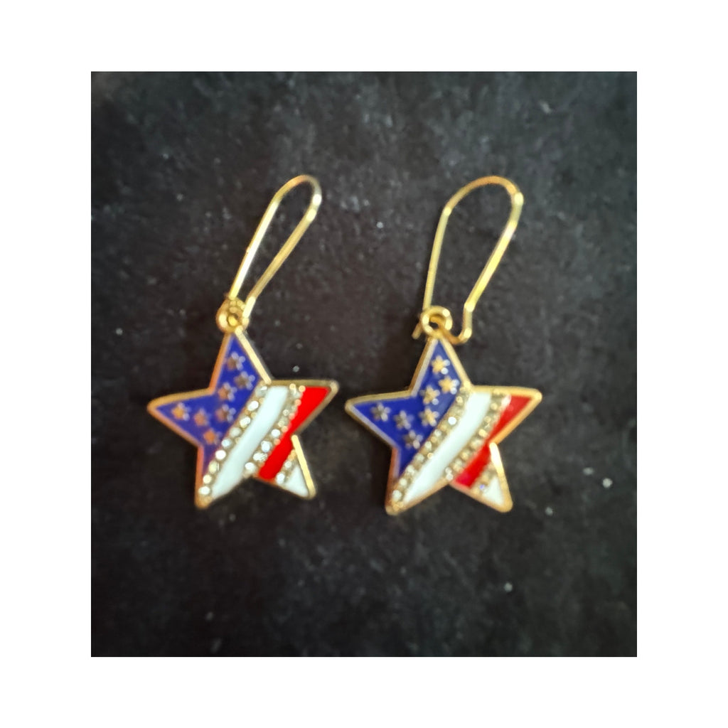 Americana Earrings Patriotic Red White Blue USA Flag Dangle Rhinestones E247