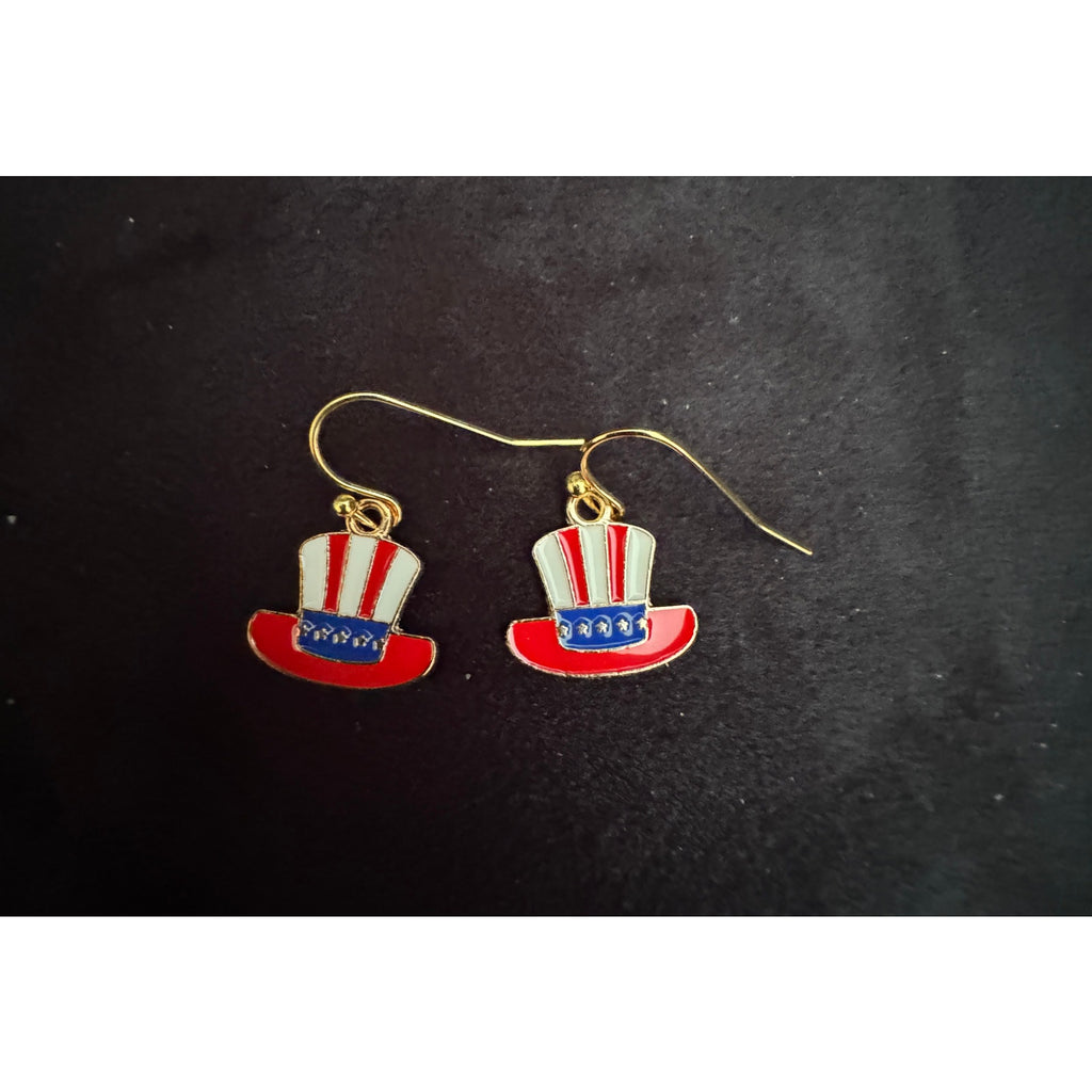 Americana Hat Earrings Patriotic Red White Blue USA Flag Dangle Earrings E253