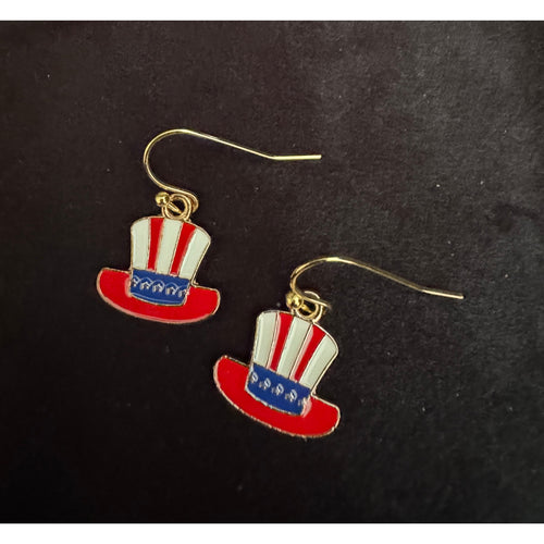 Americana Hat Earrings Patriotic Red White Blue USA Flag Dangle Earrings E253