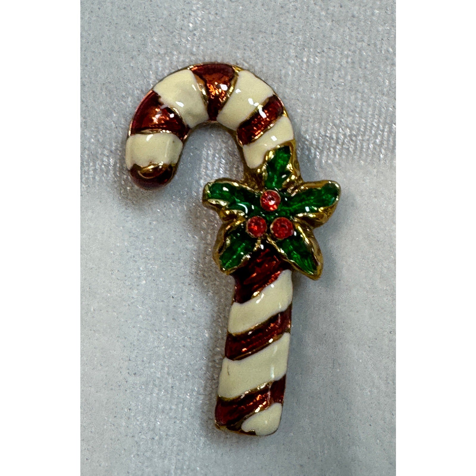 Vintage Candy Cane Christmas Pin Enamel Holly Rhinestone Brooch Holiday 2" CP178