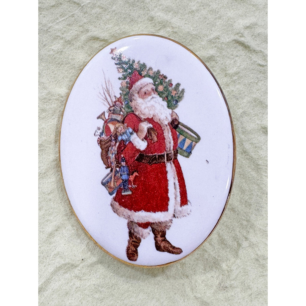 Vintage Oval Porcelain Santa Claus Brooch Pin
