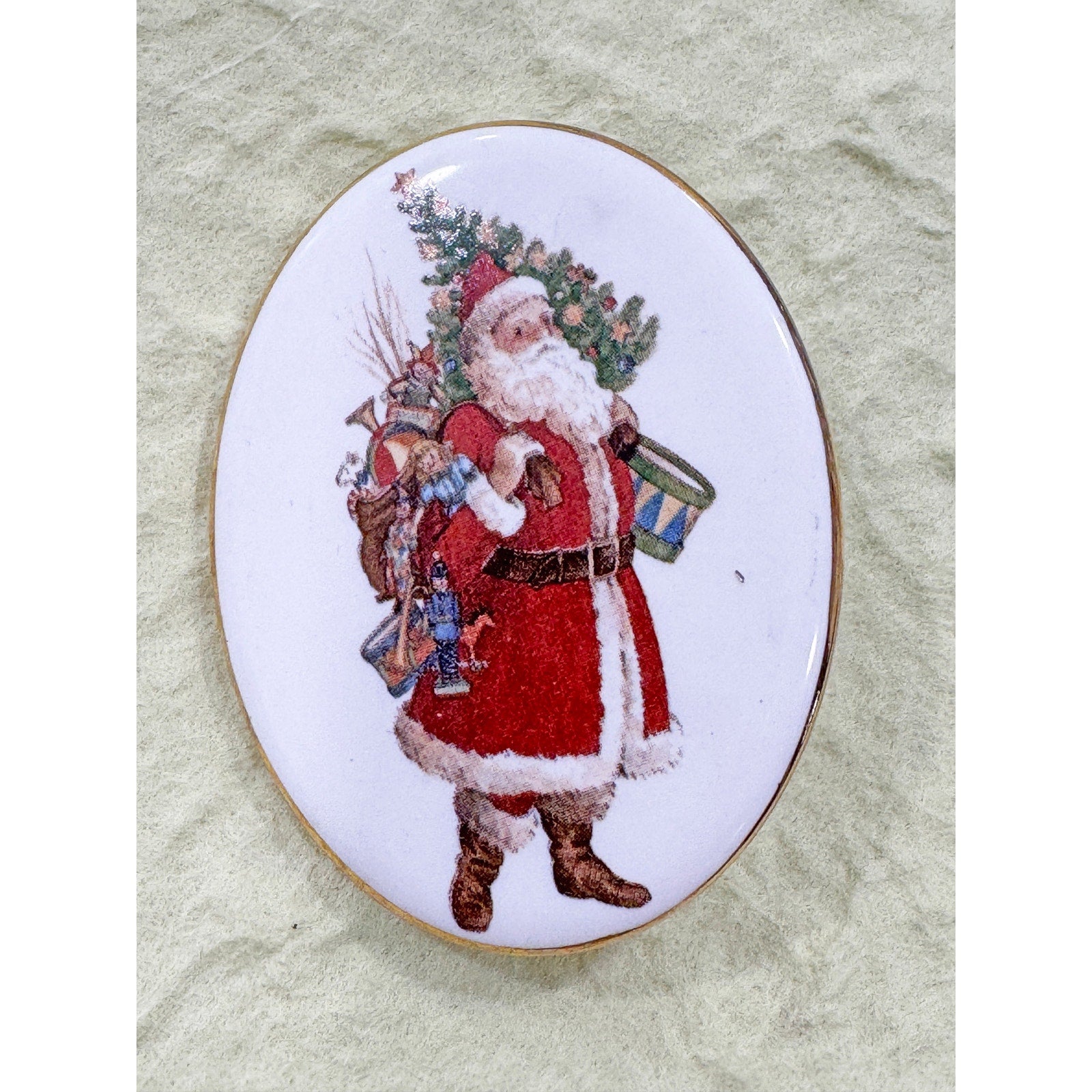 Vintage Oval Porcelain Santa Claus Brooch Pin