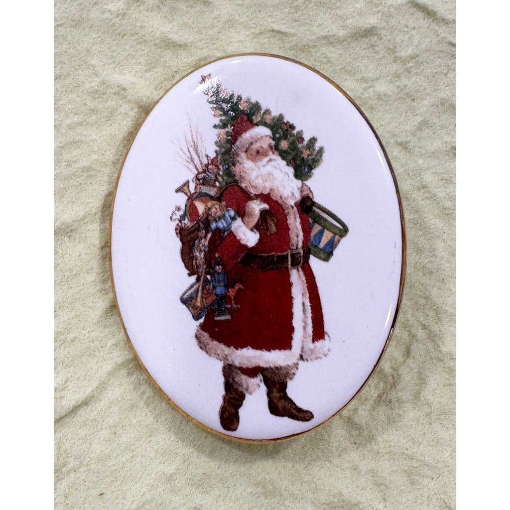Vintage Oval Porcelain Santa Claus Brooch Pin