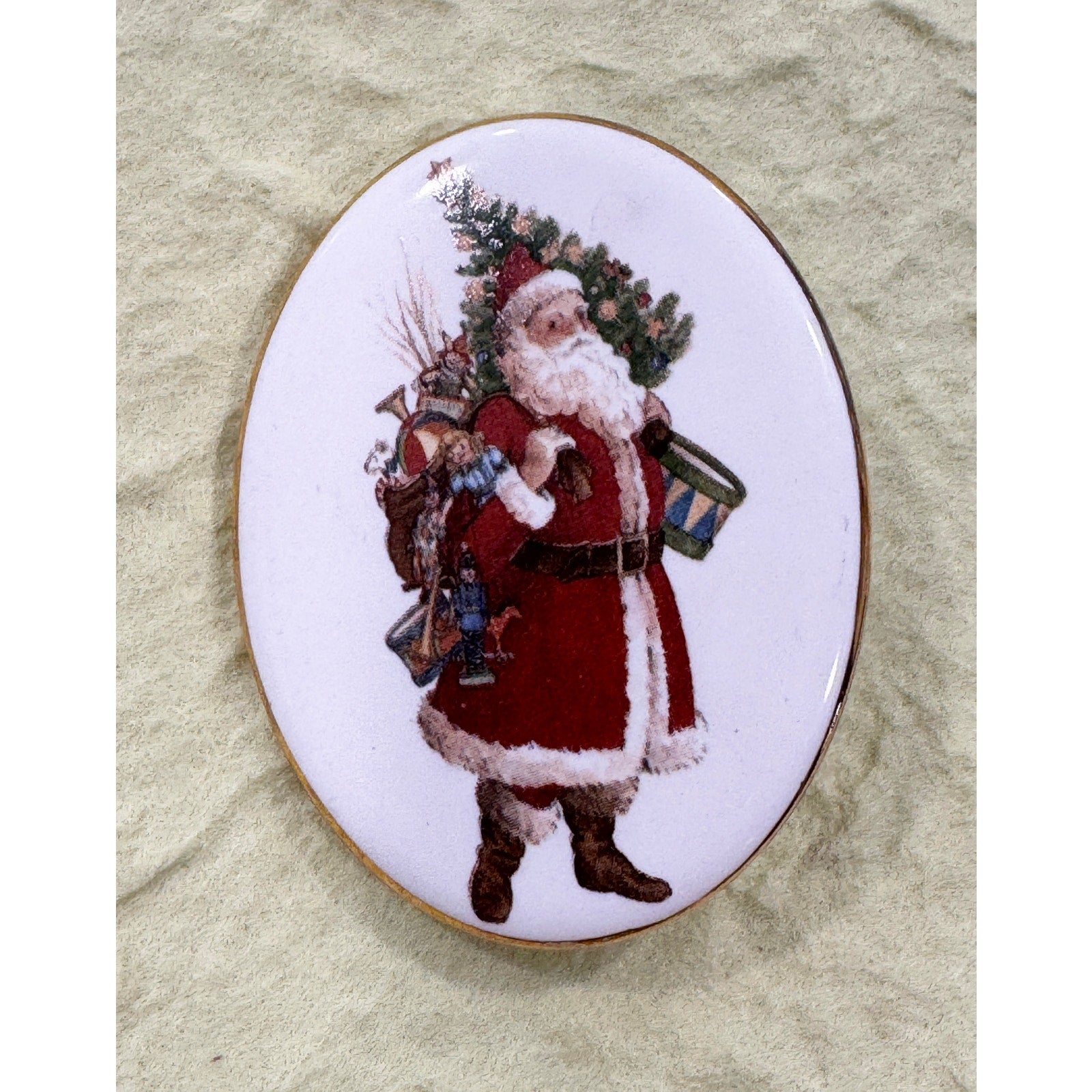 Vintage Oval Porcelain Santa Claus Brooch Pin