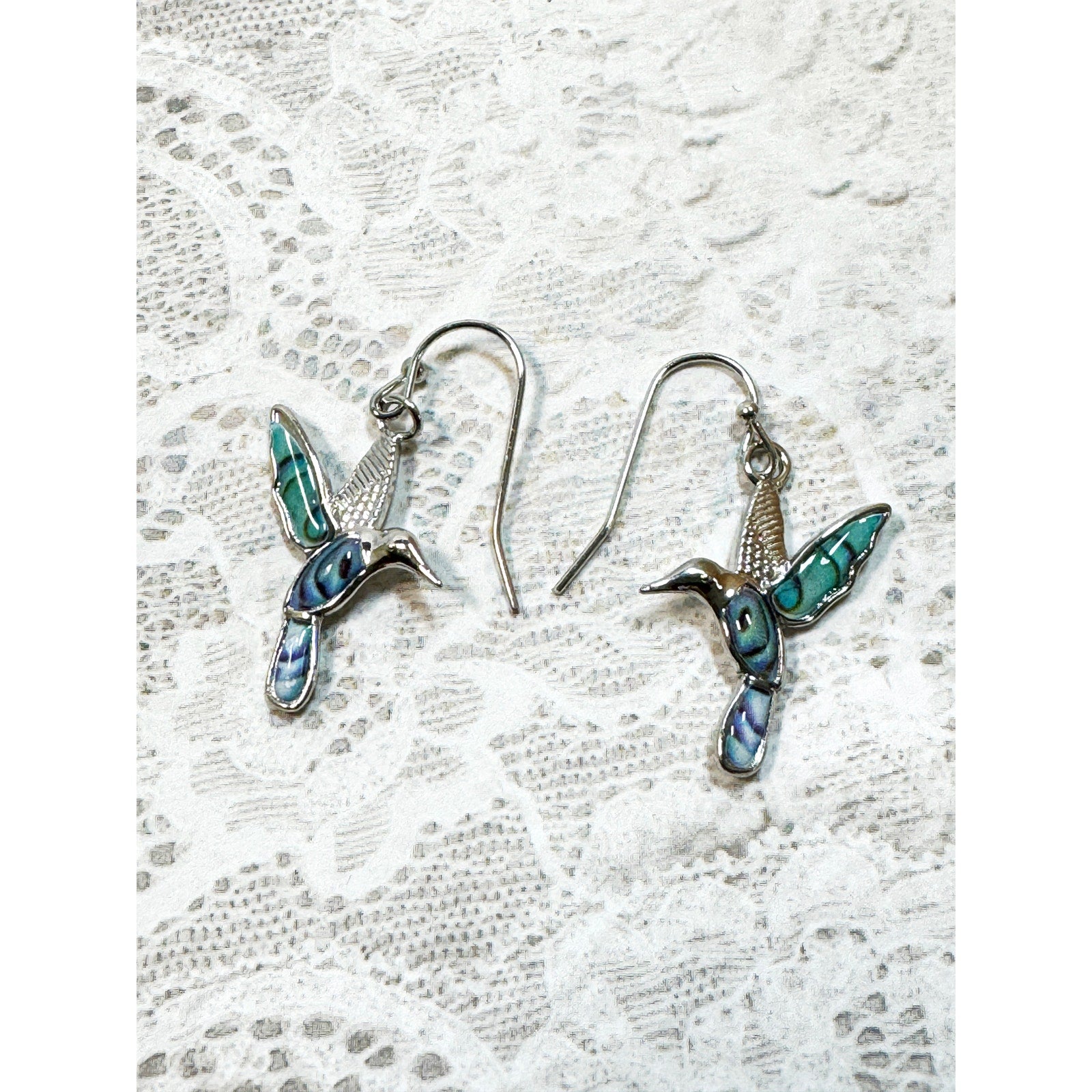 Silver Tone Turquoise Hummingbird Drop Earrings 2 Inch Dangle Bird E295