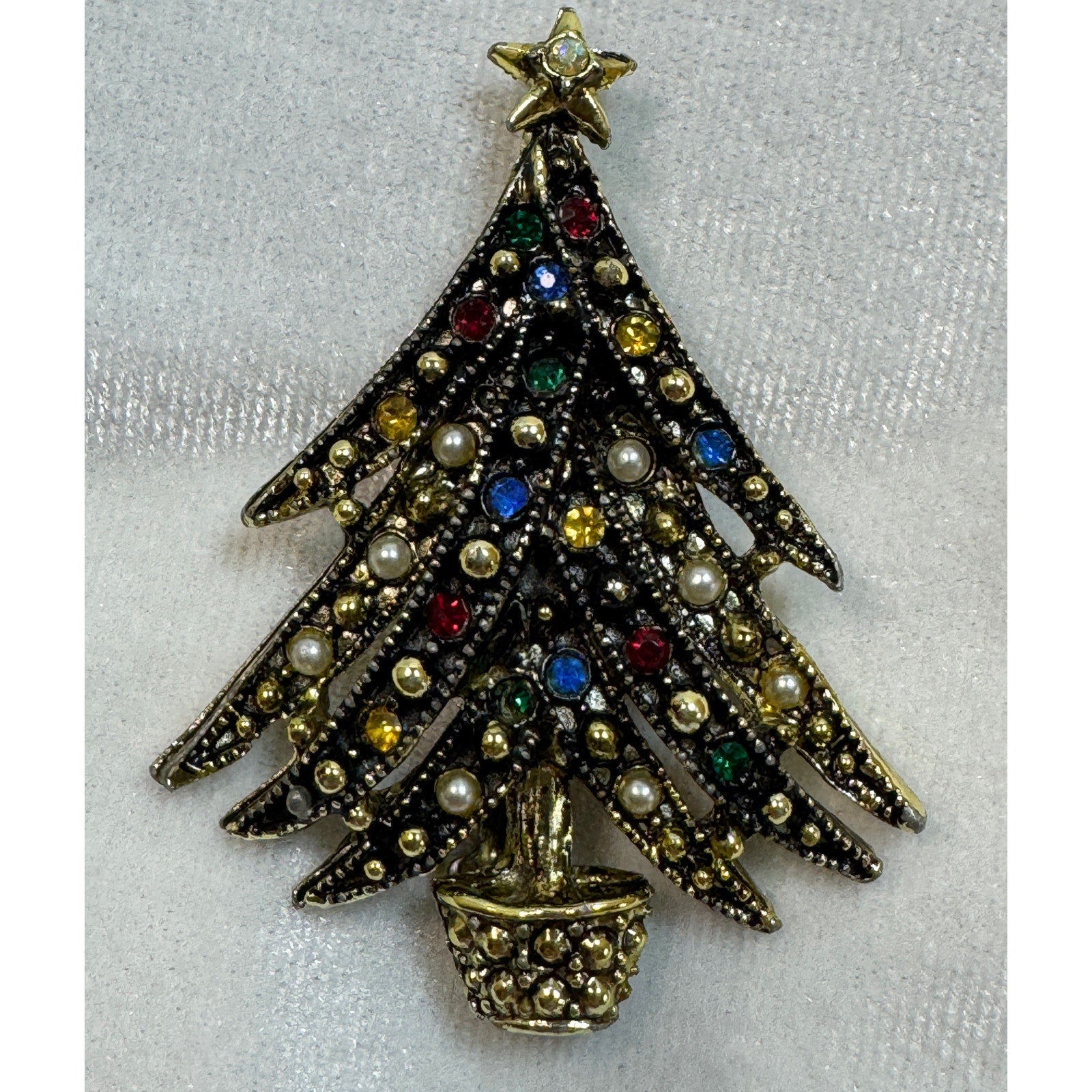 Vintage Christmas Tree Brooch Pin Rhinestones Pearls Holiday Jewelry 2.5" CP179