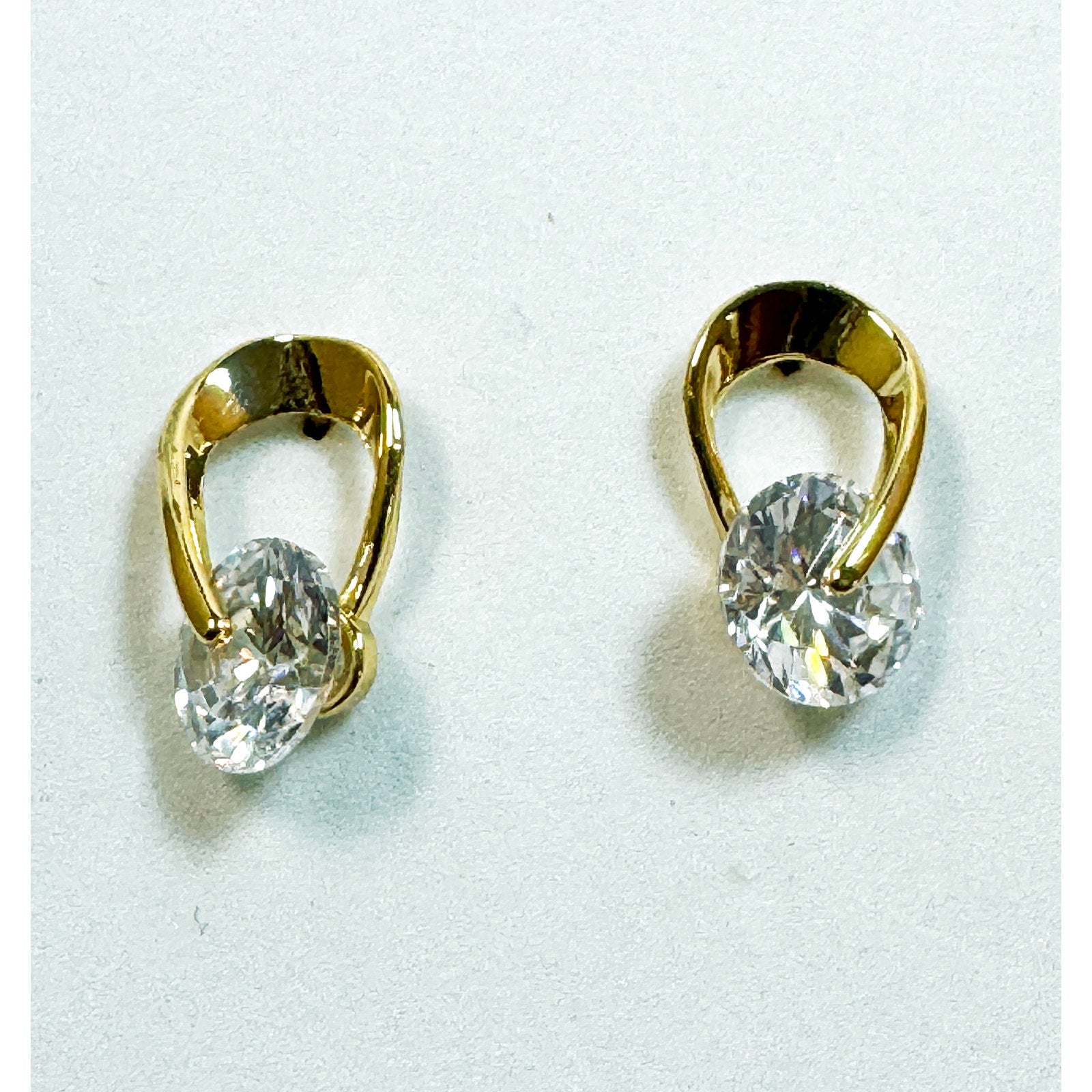 Gold Tone CZ Post Earrings Oval Cubic Zirconia Studs 5/8 x 3/8 Inch E294
