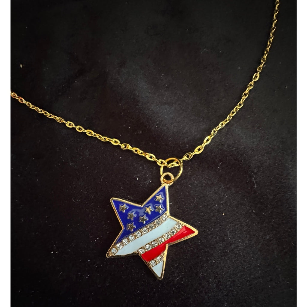 Americana Star Rhinestone Necklace Red White Blue Patriotic 18 inches N275